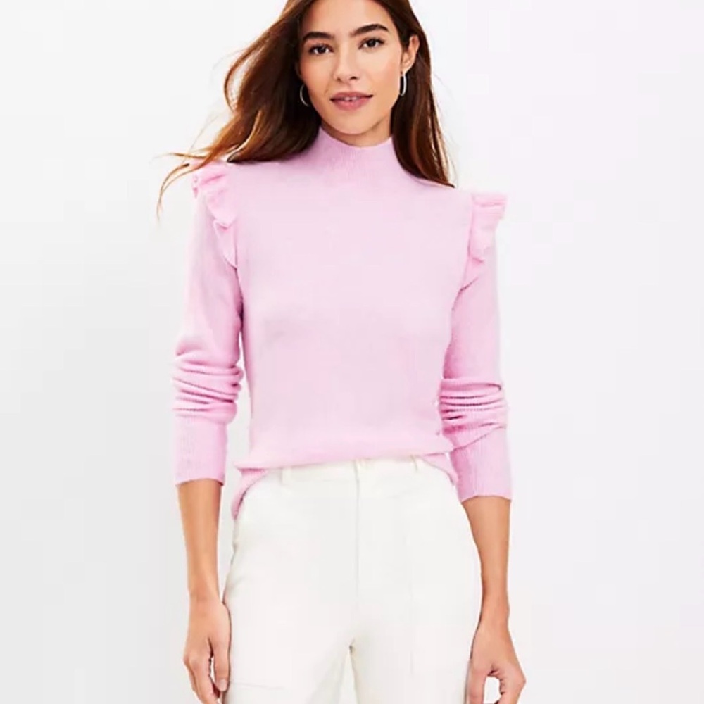 NWOT LOFT Pink Mockneck Ruffled Sweater